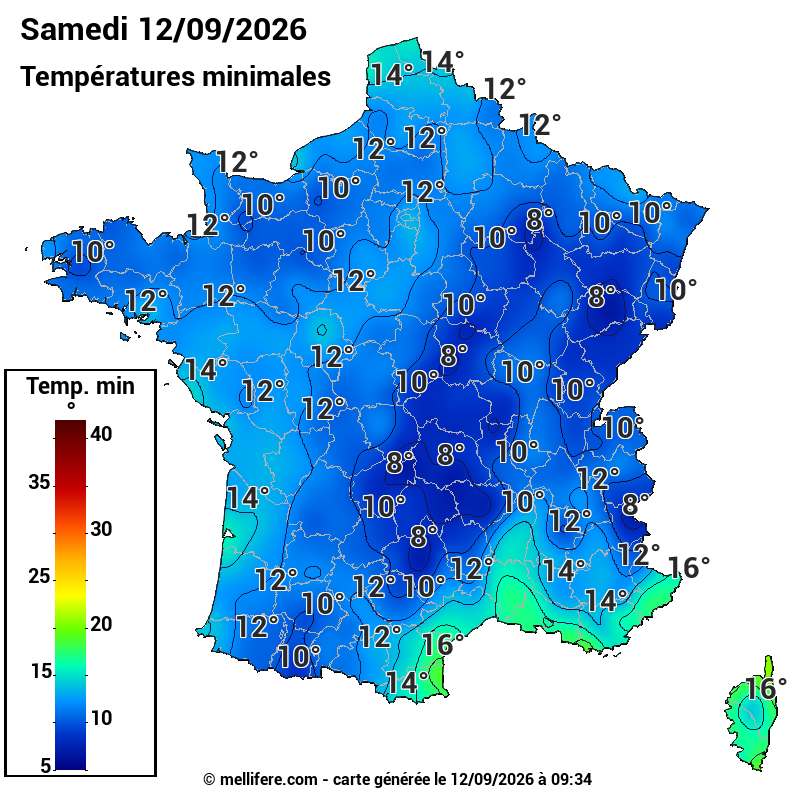 Prévision Températures mini 12/09