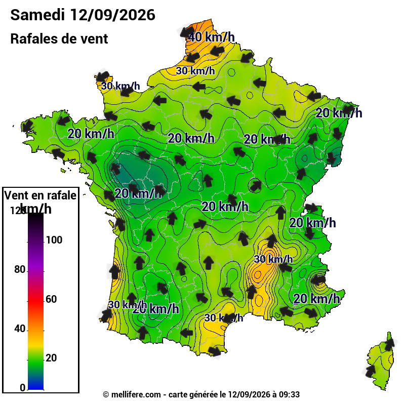Prévision Vents et rafales 12/09