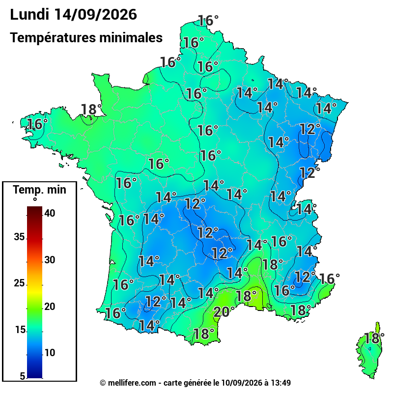 Prévision Températures mini 14/09
