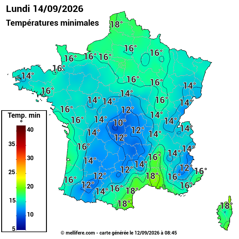 Prévision Températures mini 14/09
