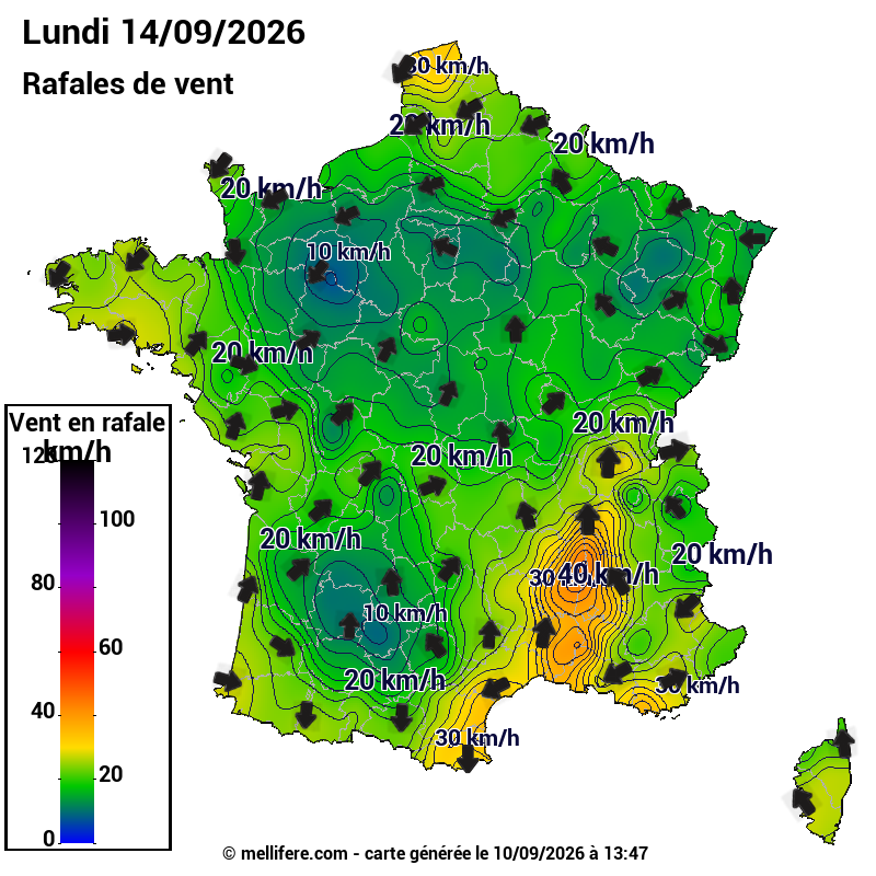 Prévision Vents et rafales 14/09