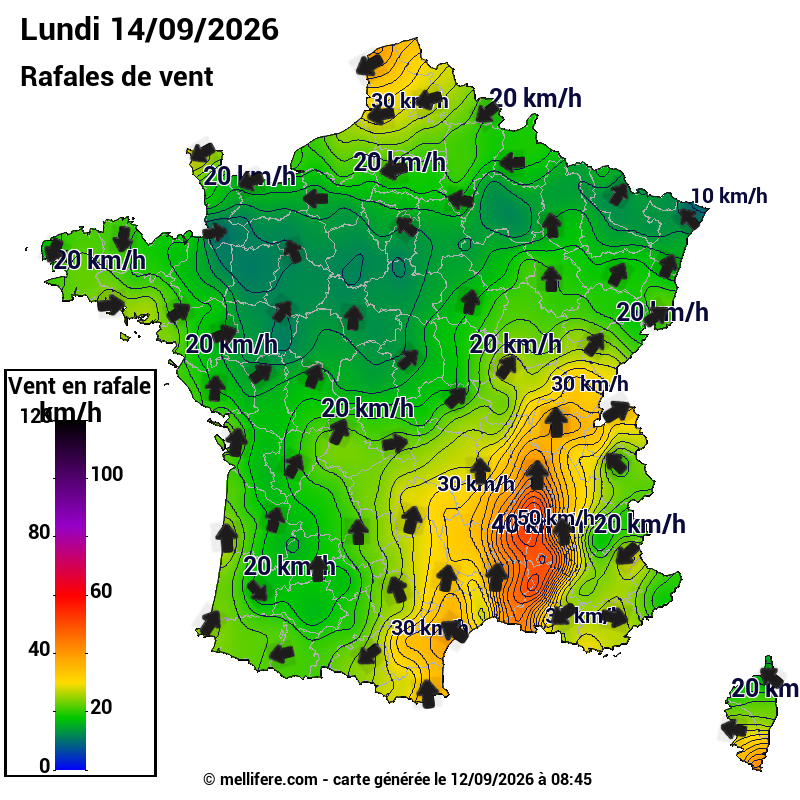 Prévision Vents et rafales 14/09