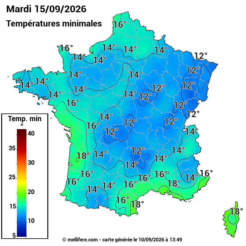 Prévision Températures mini 15/09