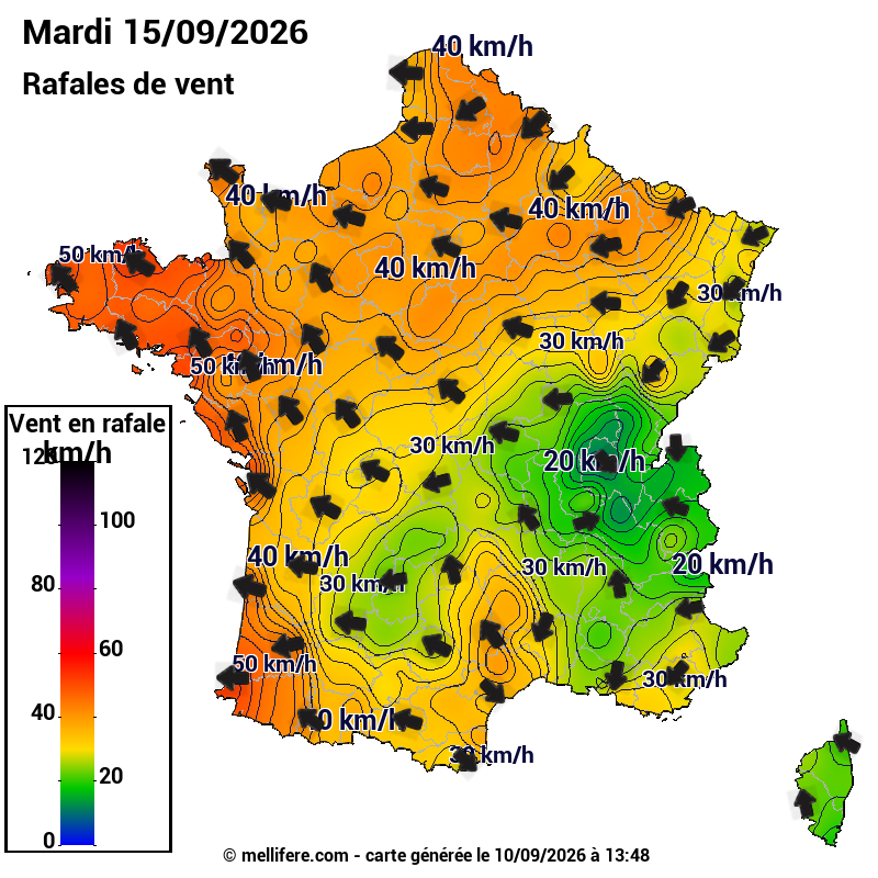 Prévision Vents et rafales 15/09