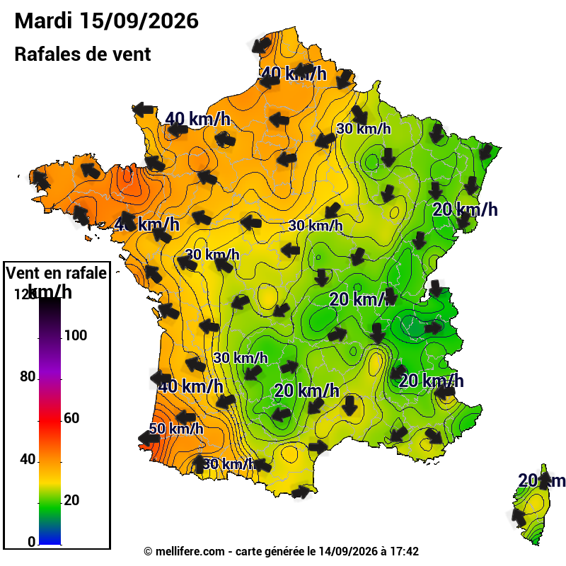 Prévision Vents et rafales 15/09