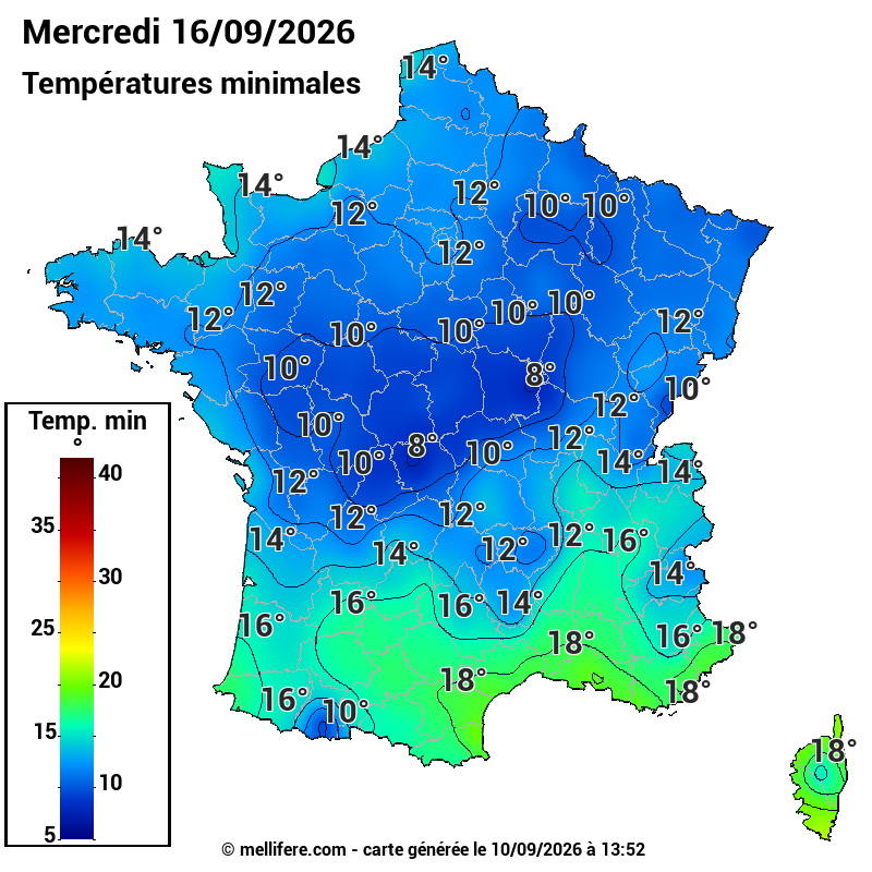 Prévision Températures mini 16/09