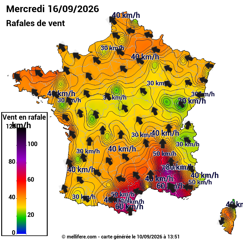 Prévision Vents et rafales 16/09