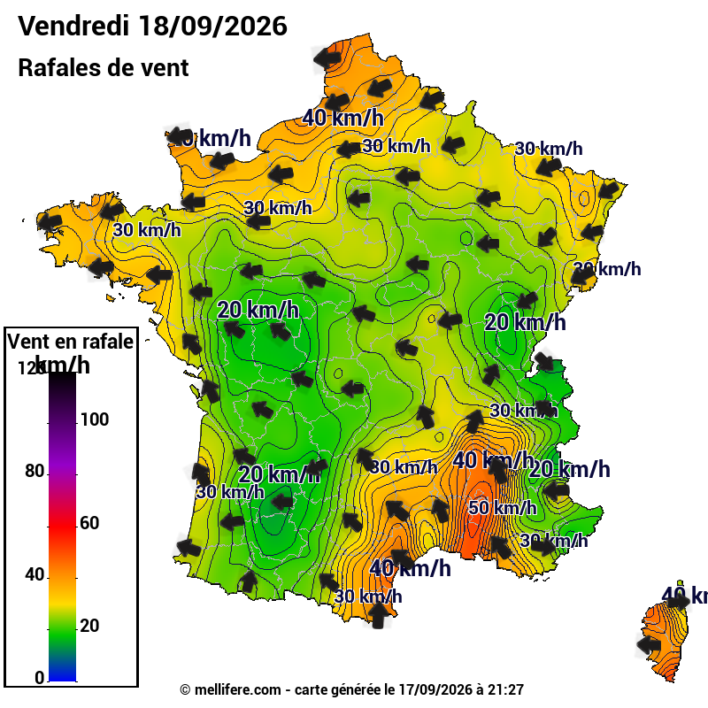 Prévision Vents et rafales 18/09