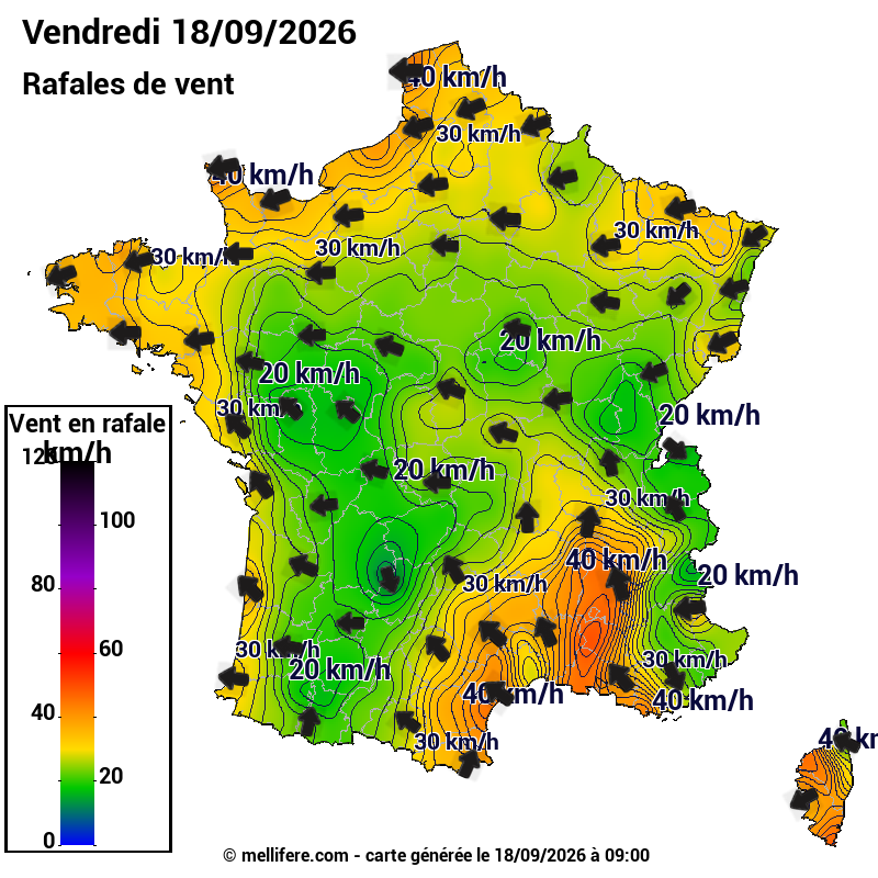 Prévision Vents et rafales 18/09