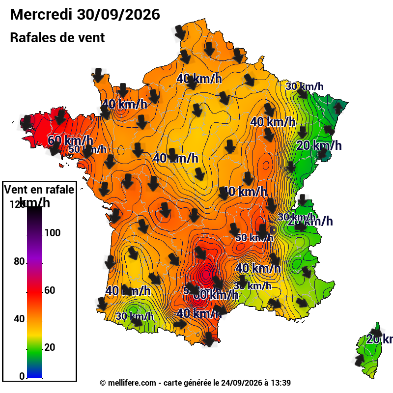 Prévision Vents et rafales 30/09