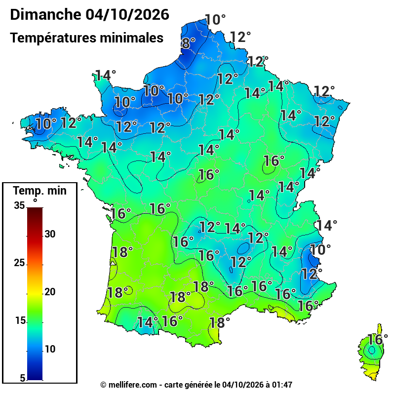Prévision Températures mini 04/10