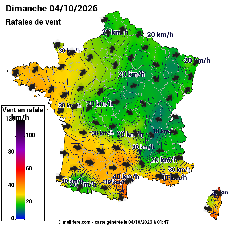 Prévision Vents et rafales 04/10