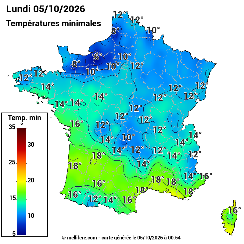 Prévision Températures mini 05/10