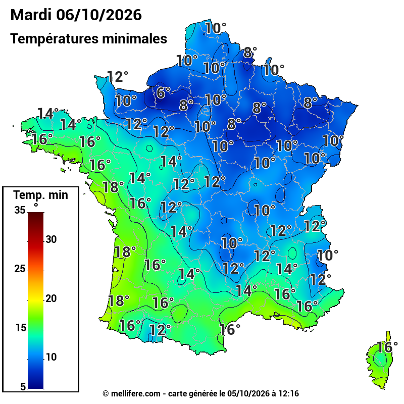Prévision Températures mini 06/10