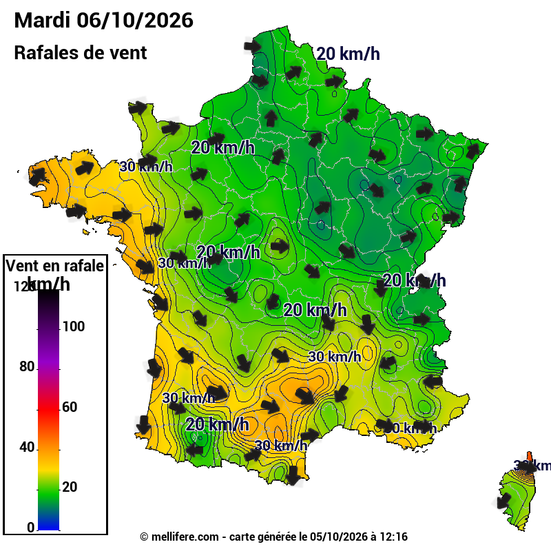 Prévision Vents et rafales 06/10