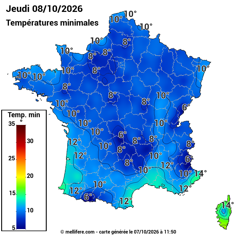 Prévision Températures mini 08/10