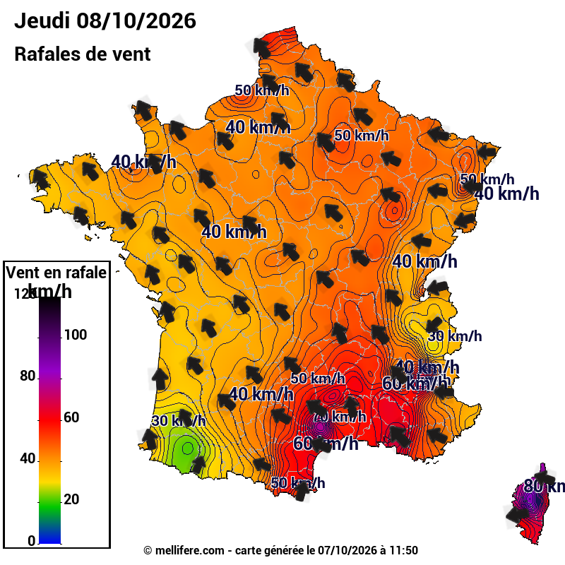 Prévision Vents et rafales 08/10