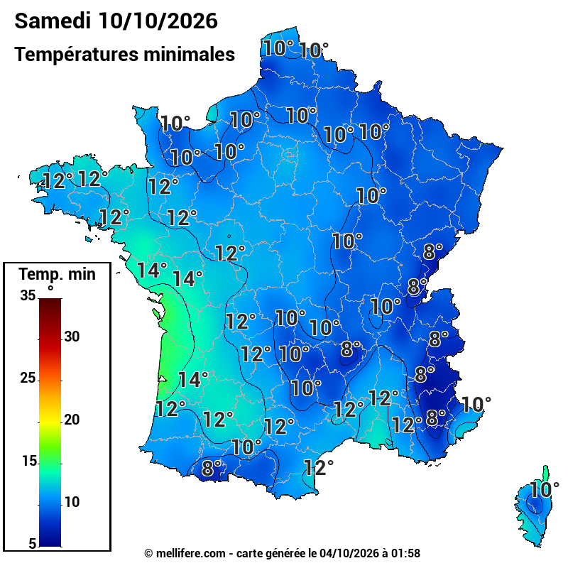 Prévision Températures mini 10/10