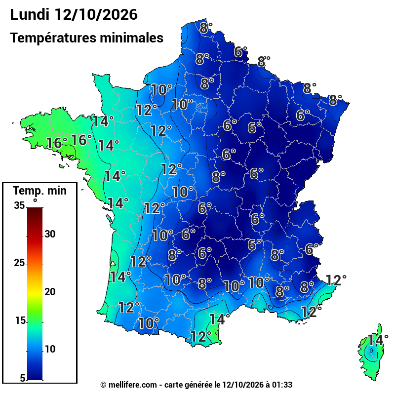 Prévision Températures mini 12/10