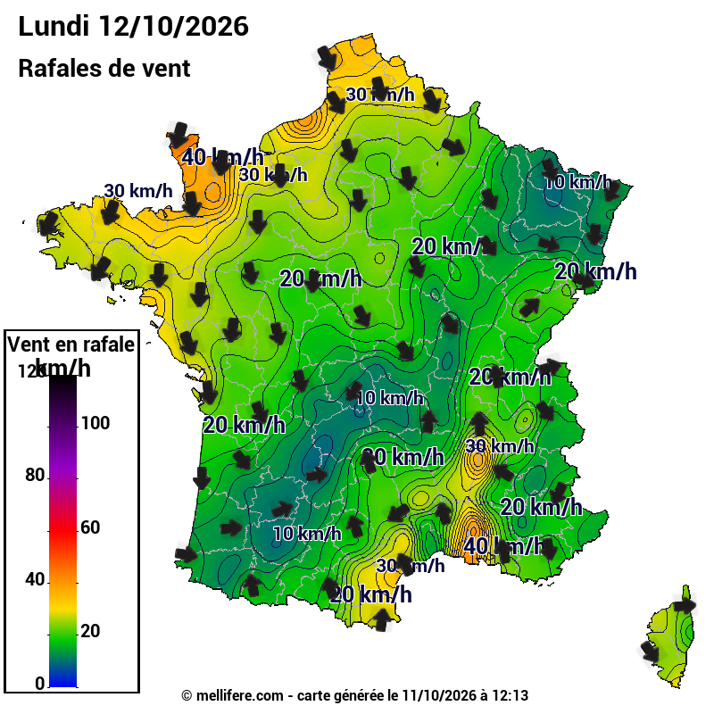 Prévision Vents et rafales 12/10