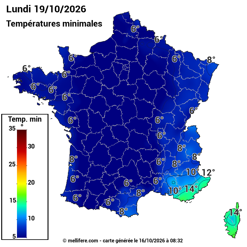 Prévision Températures mini 19/10