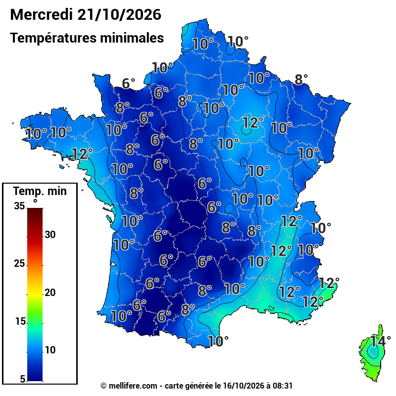 Prévision Températures mini 21/10