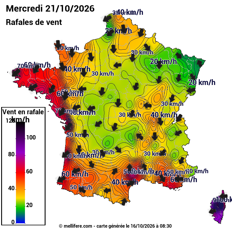 Prévision Vents et rafales 21/10