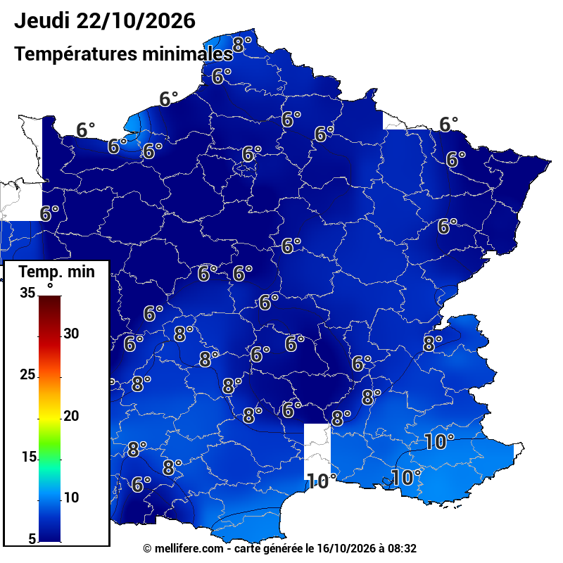 Prévision Températures mini 22/10
