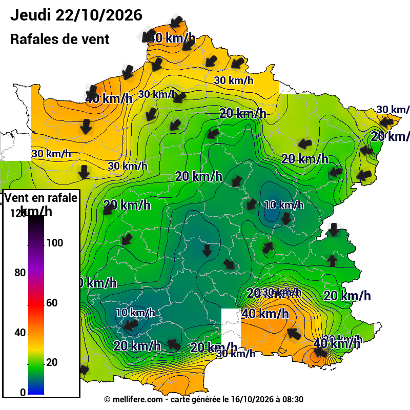 Prévision Vents et rafales 22/10
