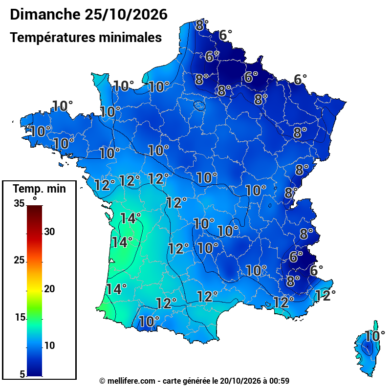 Prévision Températures mini 25/10