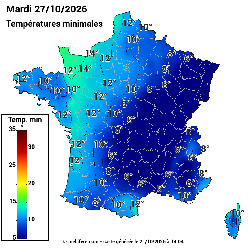 Prévision Températures mini 27/10