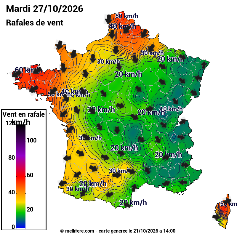 Prévision Vents et rafales 27/10
