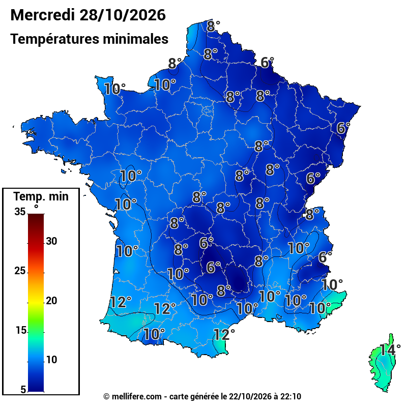Prévision Températures mini 28/10