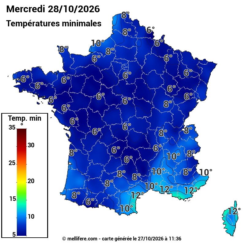 Prévision Températures mini 28/10