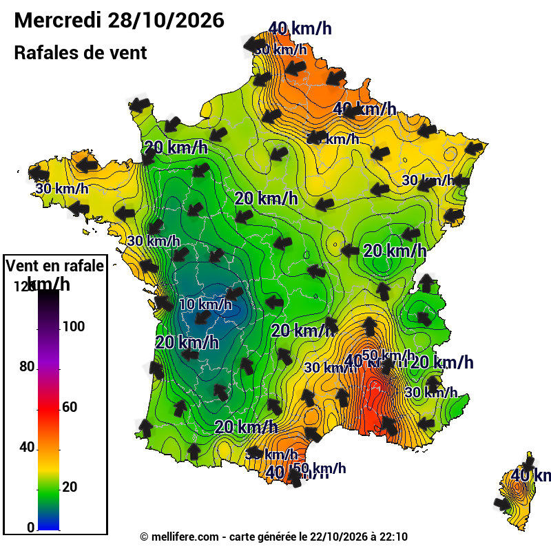 Prévision Vents et rafales 28/10