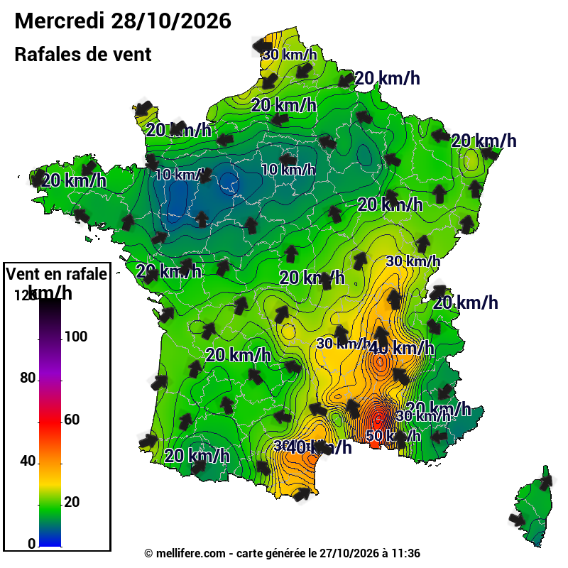 Prévision Vents et rafales 28/10