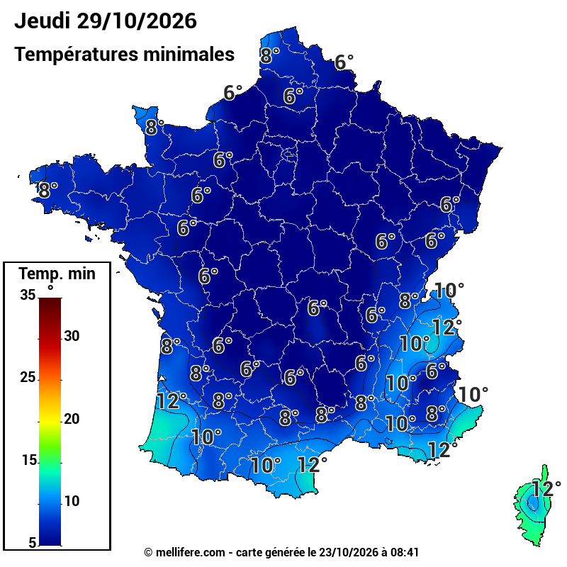 Prévision Températures mini 29/10