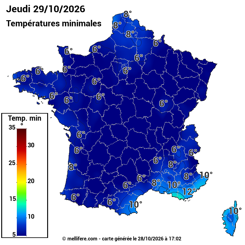 Prévision Températures mini 29/10