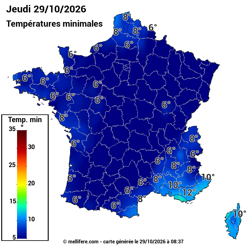 Prévision Températures mini 29/10