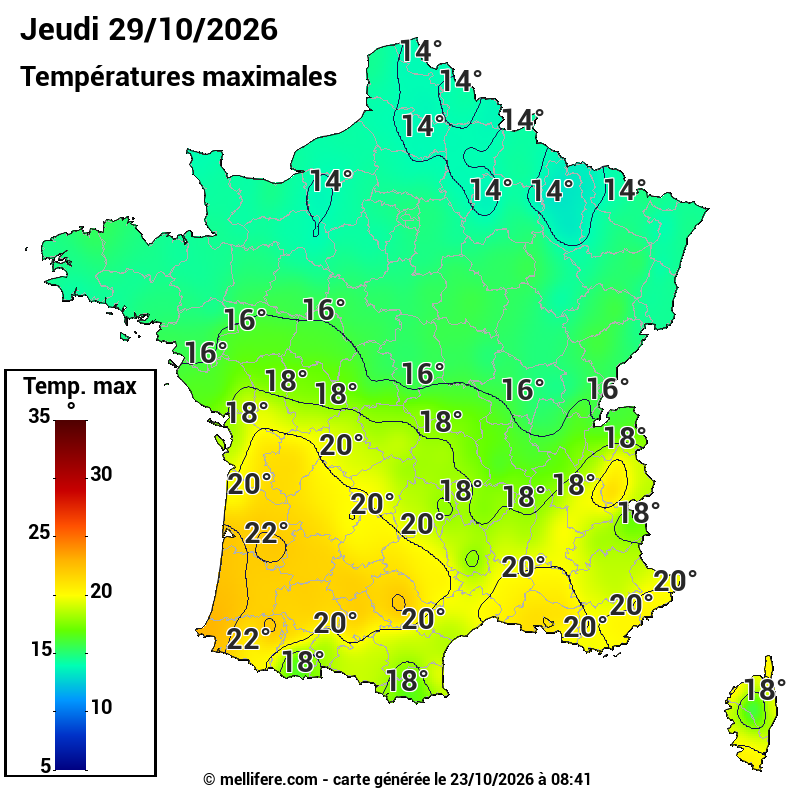 Prévision Températures maxi29/10