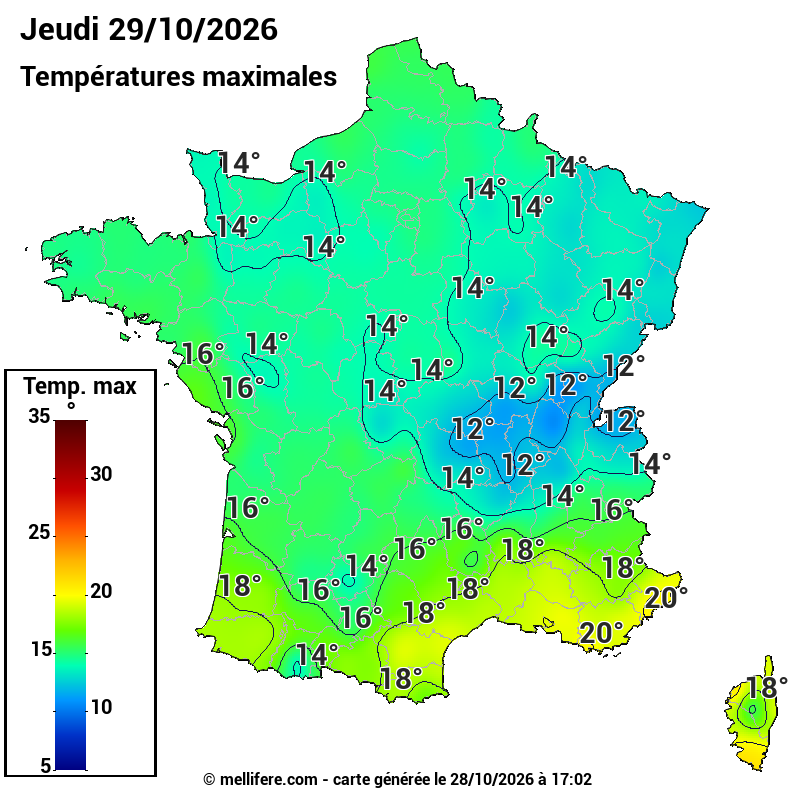 Prévision Températures maxi29/10