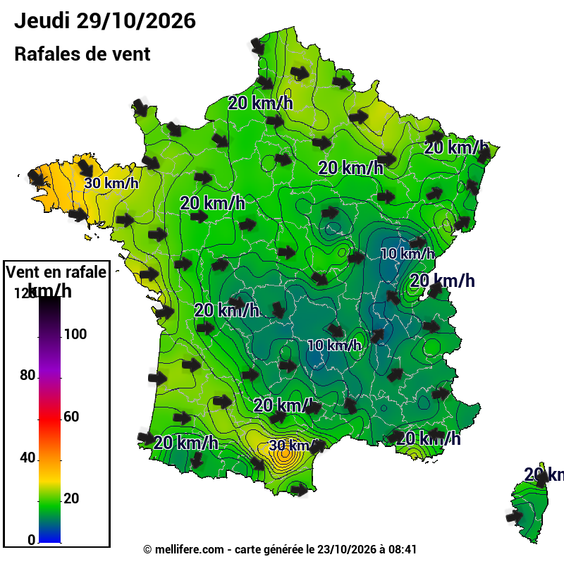 Prévision Vents et rafales 29/10