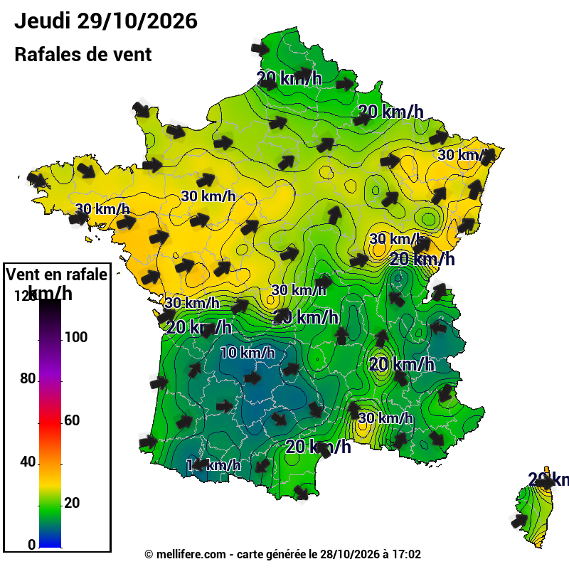Prévision Vents et rafales 29/10