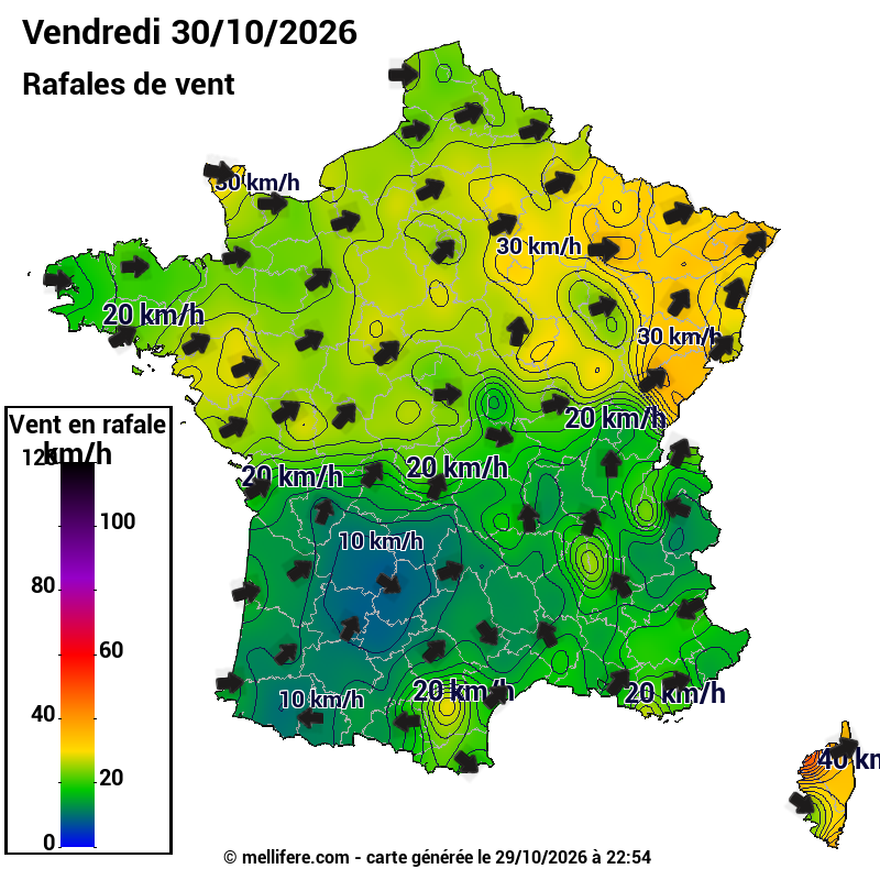 Prévision Vents et rafales 30/10