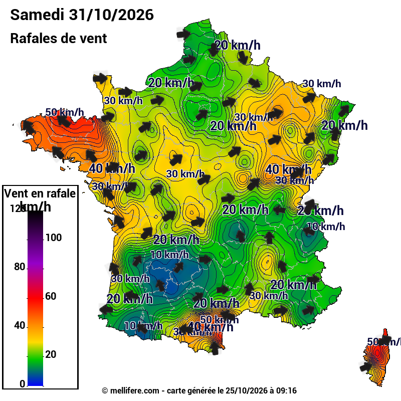 Prévision Vents et rafales 31/10