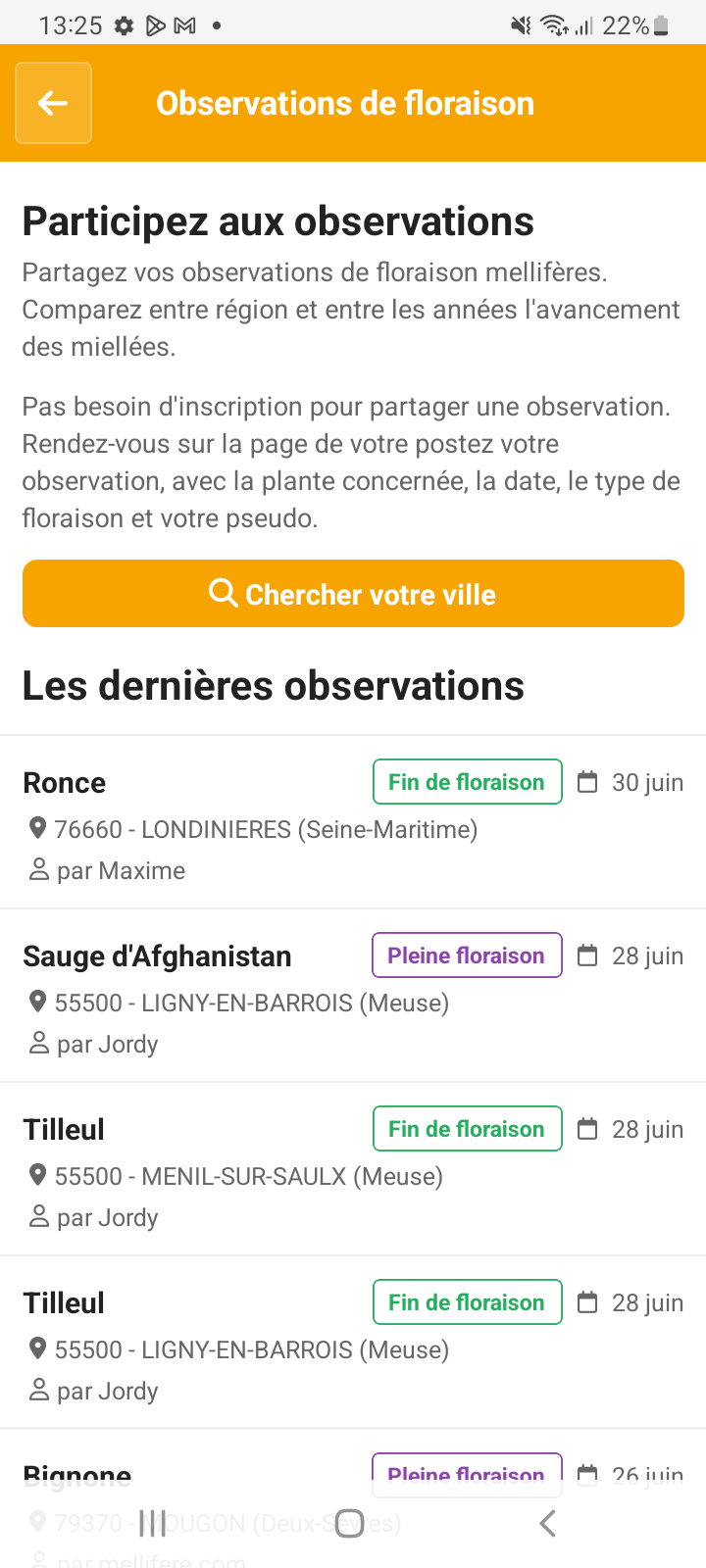 Observations floraisons mellifères locales